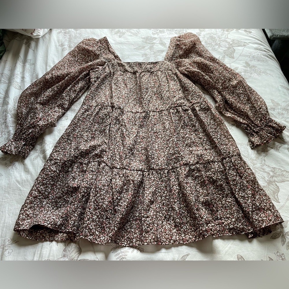 Abercrombie Brown Pink Ditsy Floral Tiered Babydoll Mini Dress Small Coquette‎
